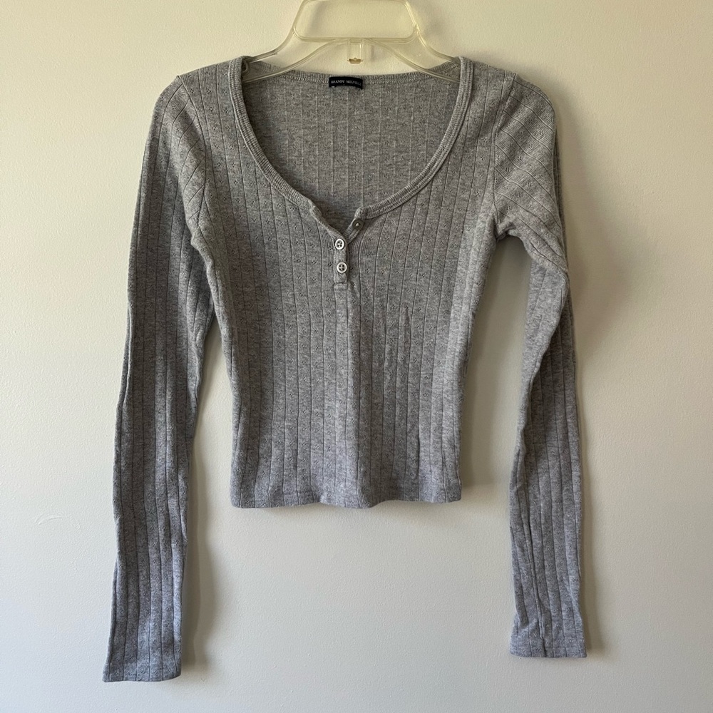 Brandy Melville Ribbed Henley Shirt Grey Pointelle Cropped